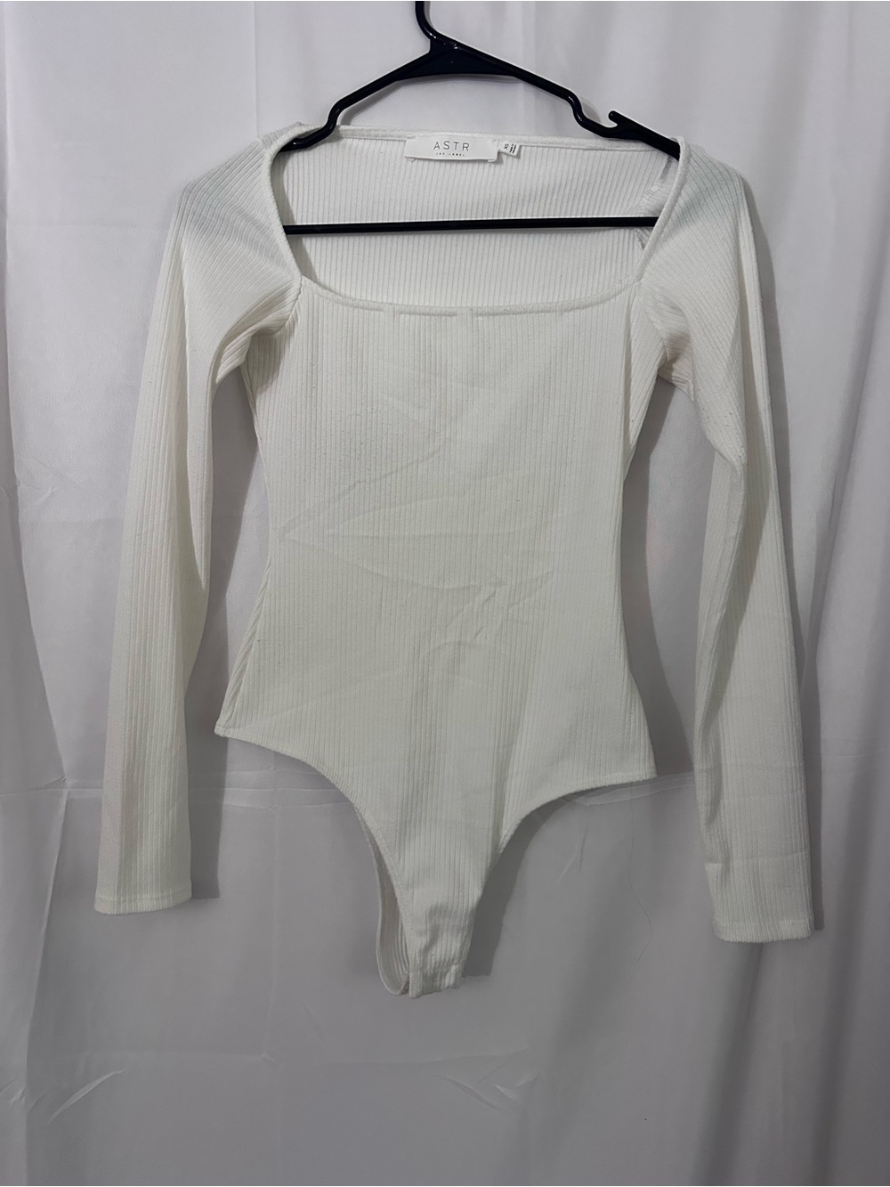 Astr White Ribbed Square Neck Long Sleeve Bodysuit
